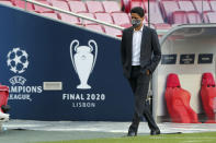 FILE - In this file photo dated Saturday Aug. 22, 2020, PSG president Nasser Al-Khelaifi during a training session at the Luz stadium in Lisbon. In a verdict handed down Friday Oct. 30, 2020, Swiss federal judges acquitted the Qatari president of Paris Saint-Germain Nasser Al-Khelaifi. (Miguel A. Lopes/Pool via AP, FILE)