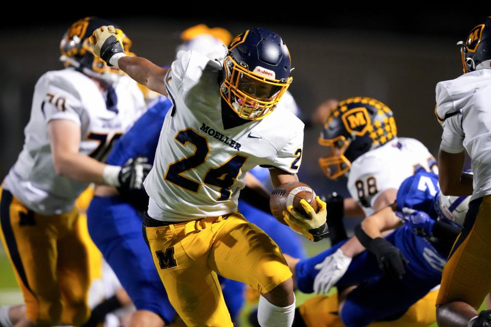 Moeller running back Jordan Montgomery returned from missing two weeks with an injury to run for 129 yards and a touchdown Friday night.