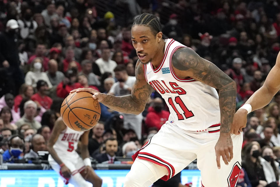 Chicago Bulls' DeMar DeRozan drives to the basket during the second half of an NBA basketball game against the San Antonio Spurs Monday, Feb. 14, 2022, in Chicago. The Bulls won 120-109. (AP Photo/Charles Rex Arbogast)
