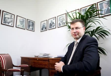 European Commission Vice President Valdis Dombrovskis attends an interview in Rome April 13, 2015. REUTERS/Alessandro Bianchi