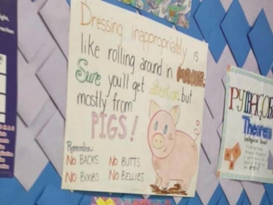 A poster that warned girls in a LaSalle school about 'dressing inappropriately' has been taken down, a Greater Essex County District School Board member said. (Tanya Hughes/Facebook - image credit)