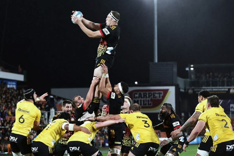 Waikato Chiefs' Brodie Retallick wins a lineout ball during the Super Rugby match against Wellington Hurricanes in Hamilton on May 20, 2023