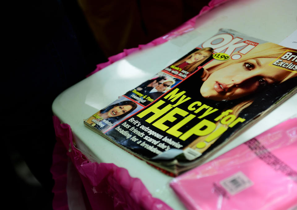 LOS ANGELES, CALIFORNIA - JULY 14: An old magazine is seen on a table at a #FreeBritney Rally at Stanley Mosk Courthouse on July 14, 2021 in Los Angeles, California. The group is calling for an end to the 13-year conservatorship lead by the pop star's father, Jamie Spears and Jodi Montgomery, who have control over her finances and business dealings. Planned co-conservator Bessemer Trust is petitioning the court to resign from its position after Britney Spears spoke out in court about the conservatorship. (Photo by Chelsea Guglielmino/Getty Images)