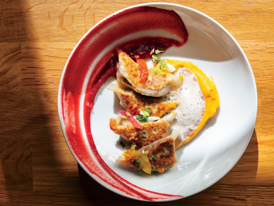 Sweet Potato Gyoza with Beet Puree