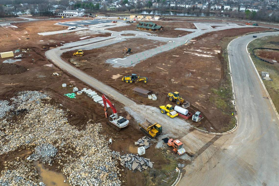 Construction is underway at the Village at Green Acres off Leestown Road in Lexington, Ky. The development, which exceeds 50 acres, will include retail, restaurants, 468 apartments and dozens of townhomes.