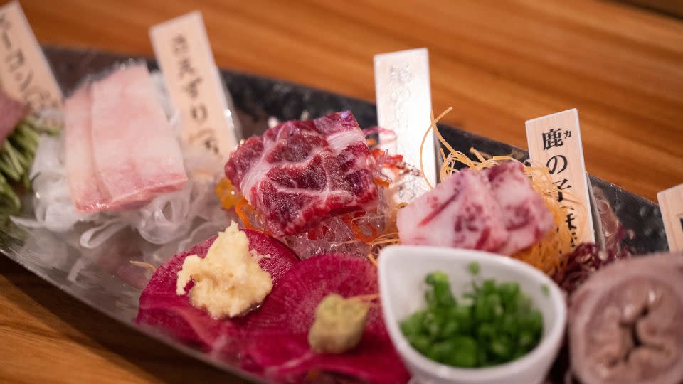 This picture taken on May 20, 2024 shows whale meat sashimi at a 'Nisshinmaru' whale meat restaurant in Shimonoseki city, Yamaguchi prefecture. - Yuichi Yamazaki/AFP/Getty Images