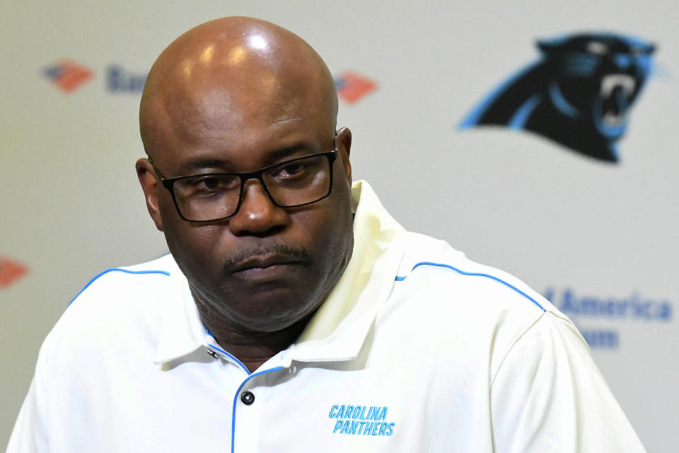 Carolina Panthers' Perry Fewell is shown during his first press conference as the NFL football team's interim head coach, at Bank of America Stadium in Charlotte, N.C., Wednesday, Dec. 4, 2019. Ron Rivera was fired as head coach on Tuesday. (David T. Foster III/The Charlotte Observer via AP)