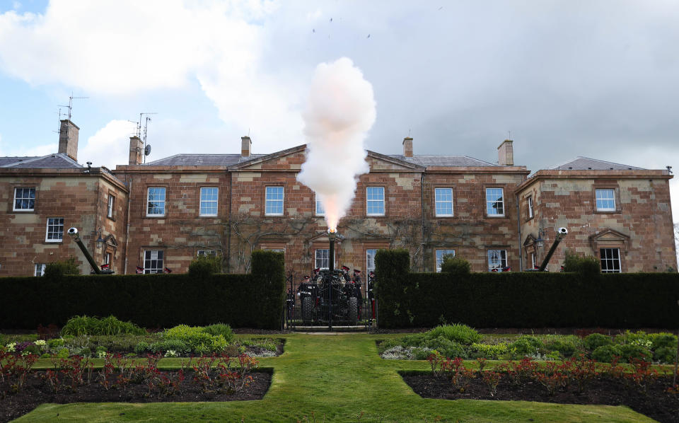 HILLSBOROUGH, NORTHERN IRELAND - APRIL 10: Soldiers from 206 Battery, 105 Royal Artillery take part in a gun salute to the Duke of Edinburgh at Hillsborough Castle on April 10, 2021 in Hillsborough, Northern Ireland. The Death Gun Salute will be fired at 12.00 marking the death of His Royal Highness, The Prince Philip, Duke of Edinburgh. Across the country and the globe saluting batteries will fire 41 rounds, 1 round at the start of each minute, for 40 minutes. Gun salutes are customarily fired, both on land and at sea, as a sign of respect or welcome. The Chief of the Defence Staff, General Sir Nicholas Carter, said 