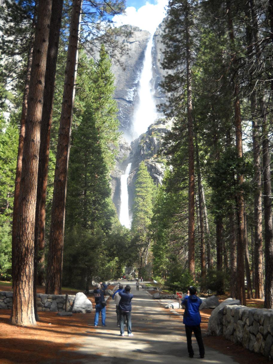 This April 2013 image shows tourists taking photos of Yosemite Falls in Yosemite National Park in California. Beautiful scenery ranging from waterfalls to mountain views is easily accessible to visitors at Yosemite, which is one of the country's most-visited national parks. (AP Photo/Kathy Matheson)