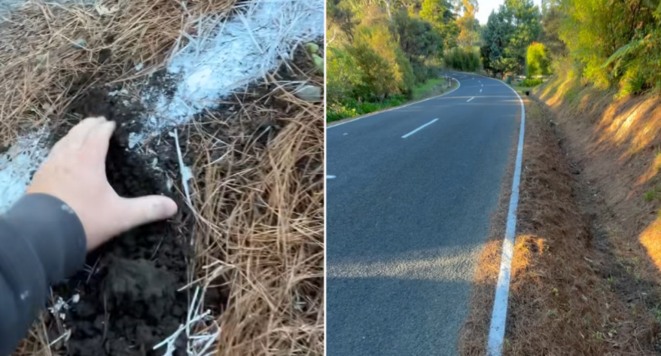 A shot showing the dirt removed (left) and the road line before it was disturbed (right). 