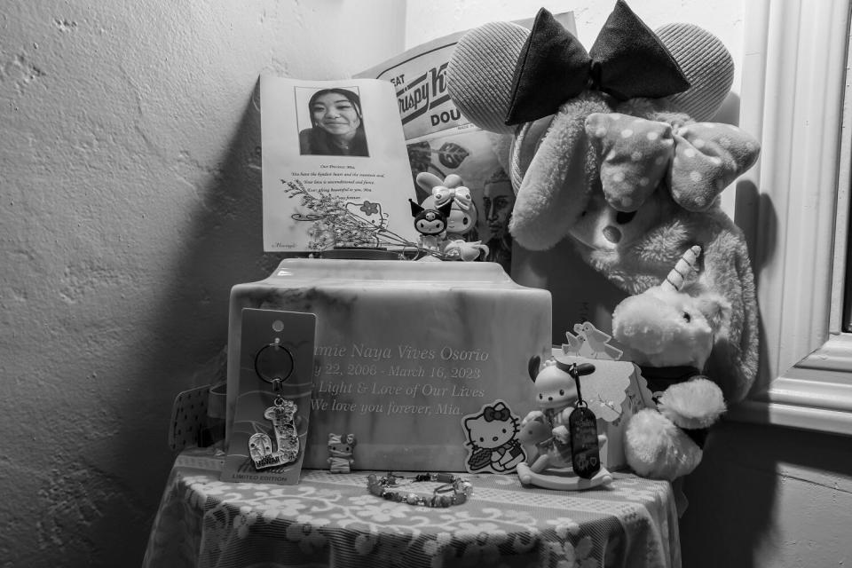 Stuffed animals, toys, a box and a photo of a girl are on a table.