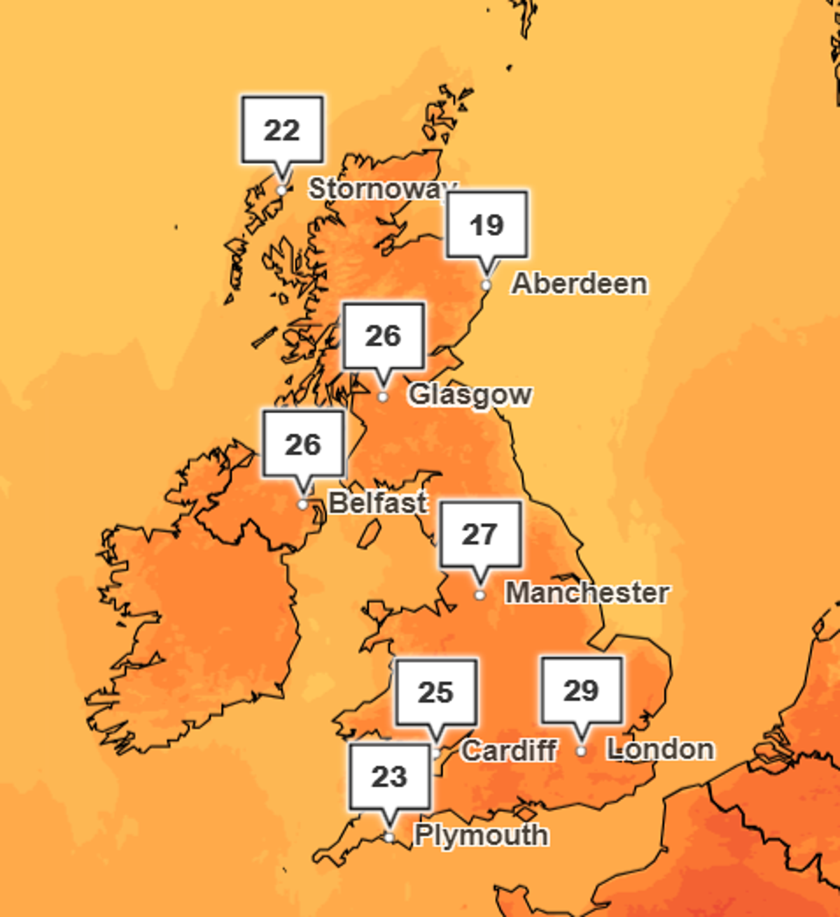 Parts of Scotland will reach 26C on Friday whereas the South of England will hit 29C (The Met Office)
