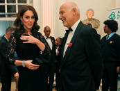 <p><strong>When: Nov. 7, 2017</strong><br>Kate Middleton showed off her tiny (yet growing) baby bump in a black lace, floor length Diane Von Furstenberg gown at a gala dinner for The Anna Freud National Centre for Children and Families (AFNCCF) at Kensington Palace on Tuesday. <em>(Photo: Getty)</em> </p>