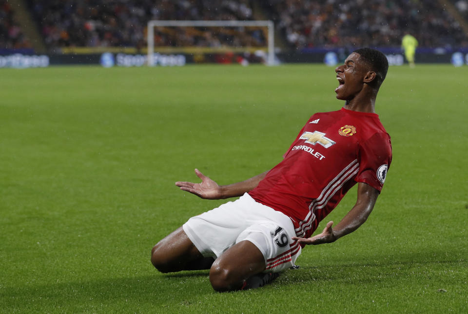 Football Soccer Britain- Hull City v Manchester United - Premier League - The Kingston Communications Stadium - 27/8/16 Manchester United's Marcus Rashford celebrates scoring their first goal Action Images via Reuters / Lee Smith Livepic EDITORIAL USE ONLY. No use with unauthorized audio, video, data, fixture lists, club/league logos or "live" services. Online in-match use limited to 45 images, no video emulation. No use in betting, games or single club/league/player publications. Please contact your account representative for further details.