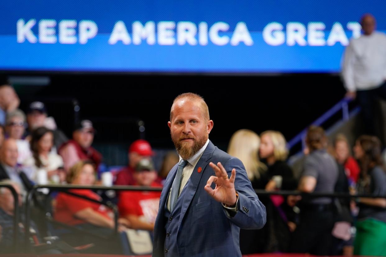 Brad Parscale signals to the crowd at a rally in Lexington, Kentucky: Getty Images