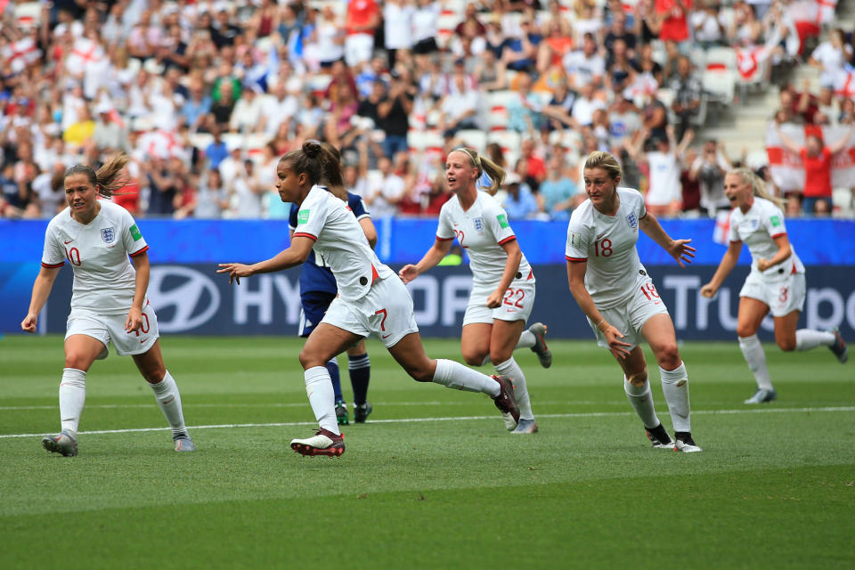 NICE, FRANCE - JUNE 09: Nikita Parris of England celebrates scoring the opening goal during the 2019 FIFA Women's World Cup France group D match between England and Scotland at Stade de Nice on June 9, 2019 in Nice, France. (Photo by Marc Atkins/Getty Images)