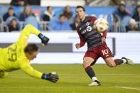 Sporting Kansas City goalkeeper Tim Melia (29) makes a save as Toronto FC forward Federico Bernardeschi (10) looks on during the first half of an MLS soccer game in Toronto, Ontario, Saturday, March 30, 2024. (Frank Gunn/The Canadian Press via AP)