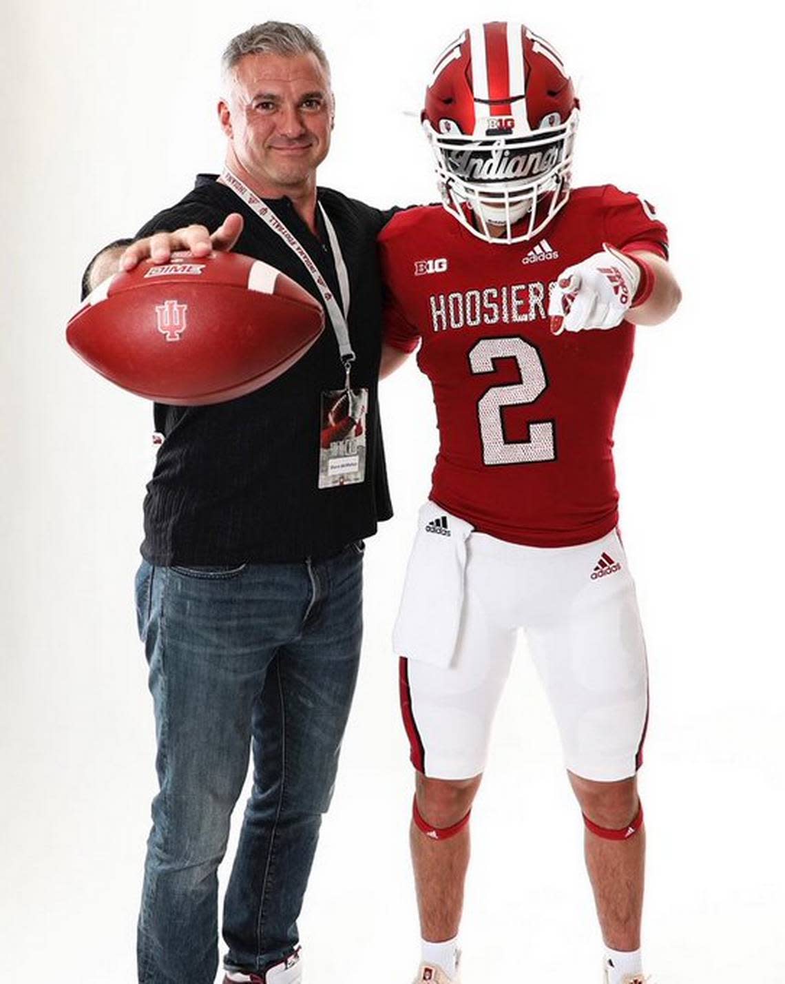 Declan McMahon of the D1 Indiana University football team with his dad, Shane McMahon, of WWE fame.