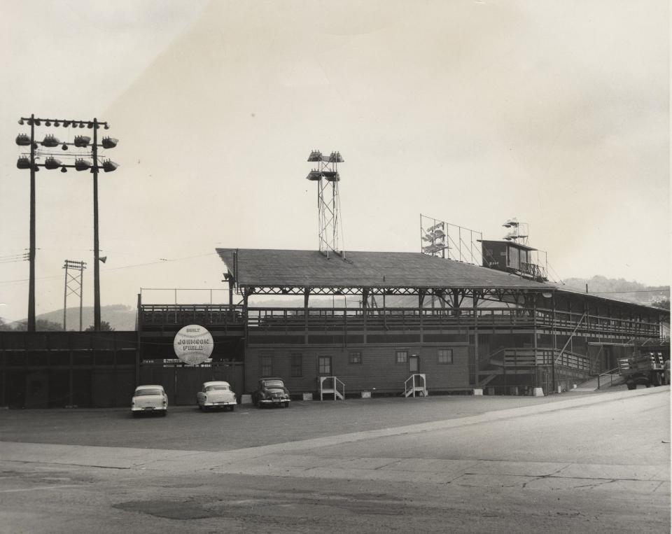 A street view of Johnson Stadium, about 1950.