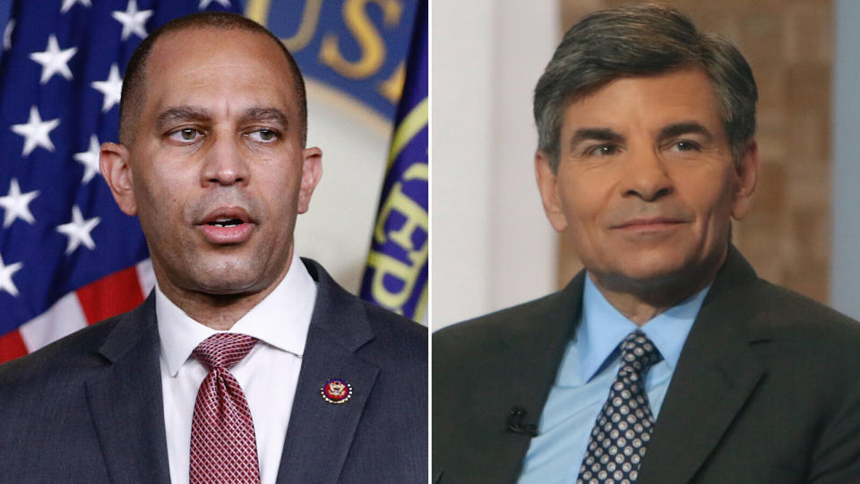 Rep. Hakeem Jeffries (D-N.Y.) is shown on the left, and journalist George Stephanopoulos is shown on the right. A California man was arrested and charged Tuesday with making threats against family members of both men. (Photo: AP / RW / MediaPunch / IPX)