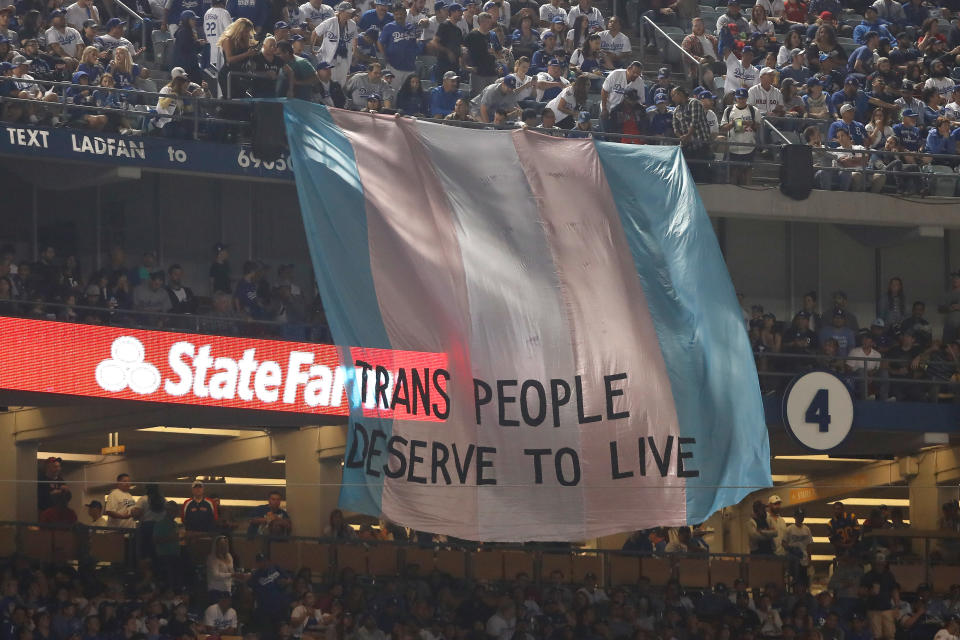 A banner reading “Trans people deserve to live” was hung at Dodger Stadium during Game 5 of the World Series. (Getty Images)