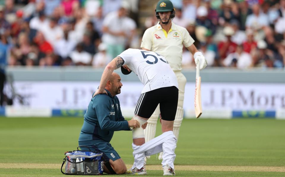 Ben Stokes has his knee strapped during Day Four of the 2nd Ashes Test at Lord's