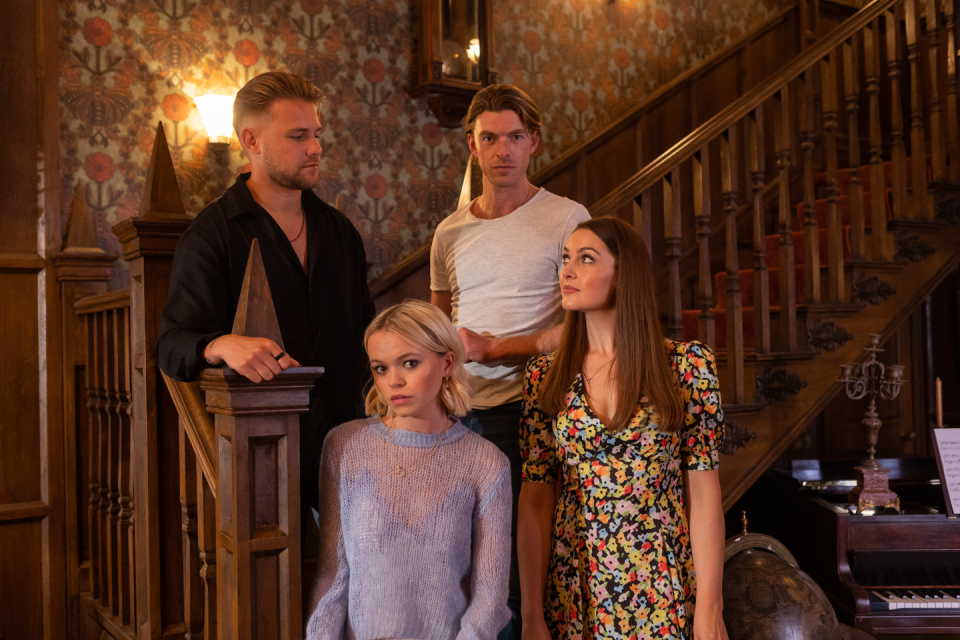 embargo 26092023 ethan williams, dilly harcourt, rafe harcourt and sienna blake in hollyoaks