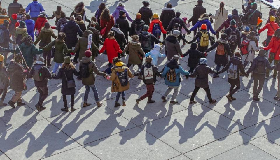 Supporters of Wet’suwet’en Nation’s hereditary leaders participate in a protest in Toronto, Ontario in February 2020 against the Coastal GasLink pipeline.