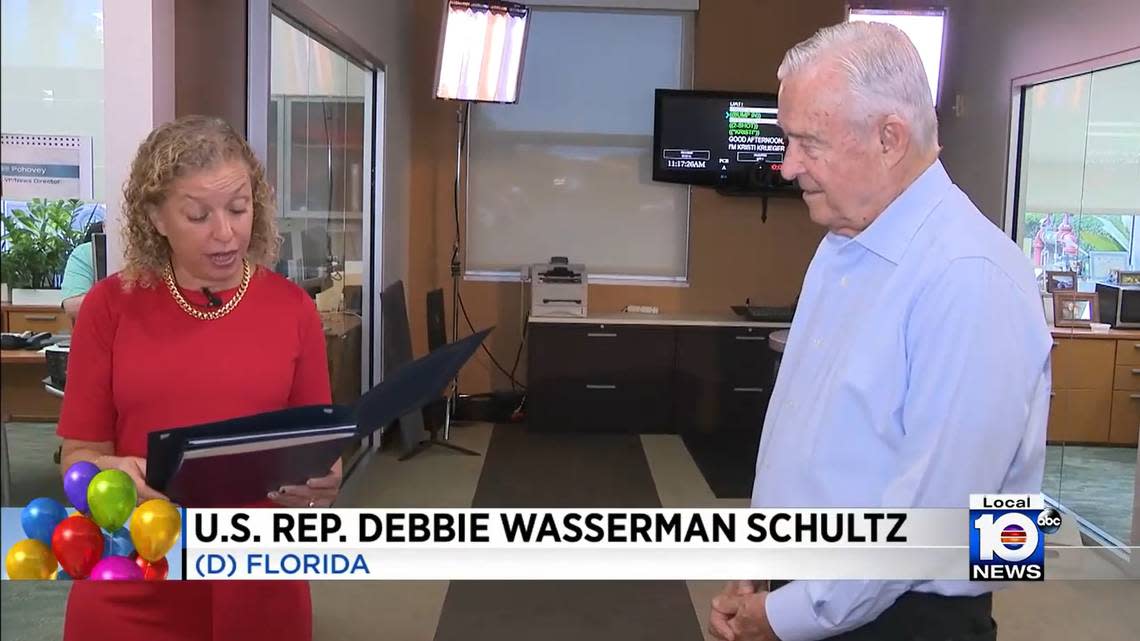 On Dec. 16, 2022, Rep. Debbie Wasserman Schultz visited WPLG-Local 10’s newsroom in Pembroke Park to tell retiring “This Week in South Florida” host Michael Putney that she had entered a statement into the congressional record to honor his service and she delivered a U.S. flag that flew in his honor over the U.S. Capitol.