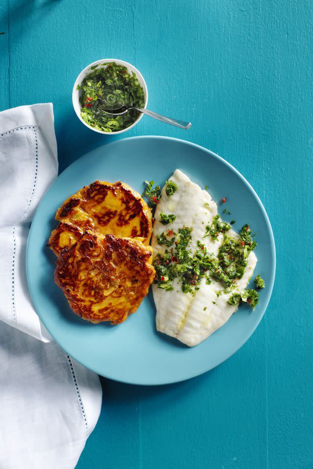 Tilapia with Sweet Potato Cakes and Chimichurri