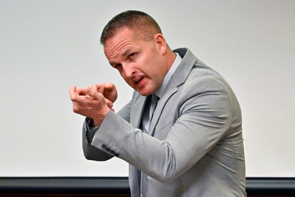 Former Louisville Police officer Brett Hankison describes what he saw in the apartment of Breonna Taylor during testimony Wednesday, March 2, 2022, in Louisville, Ky.