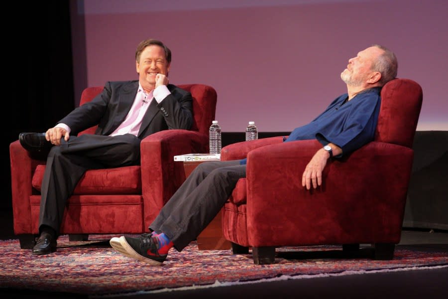 GLENDALE, CA – OCTOBER 19: Entertainment journalist Sam Rubin (L) and screenwriter Terry Gilliam speak onstage during a Q&A for ‘Gilliamesque: A Pre-posthumous Memoir’ at Alex Theatre on October 19, 2015 in Glendale, California. (Photo by Imeh Akpanudosen/Getty Images)