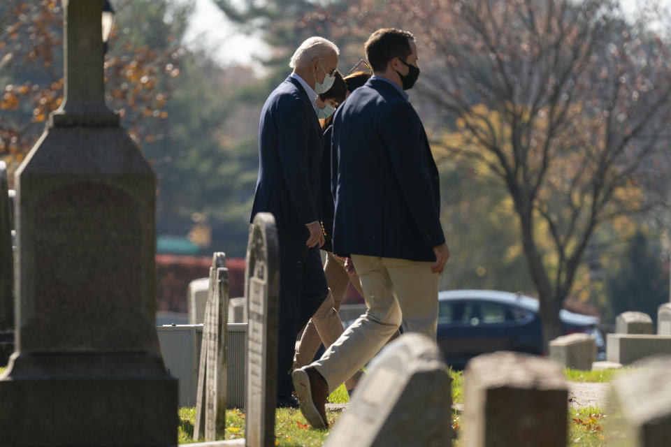 President-elect Joe Biden arrives for mass at St. Joseph on the Brandywine Catholic Church, Sunday, Nov. 8, 2020, in Wilmington, Del. (AP Photo/Carolyn Kaster)