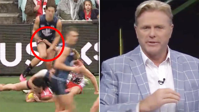 Callum Mills&#39; hit to Carlton rival Liam Stocker&#39;s groin did not go down well with AFL great Dermott Brereton. Pictures: Fox Footy