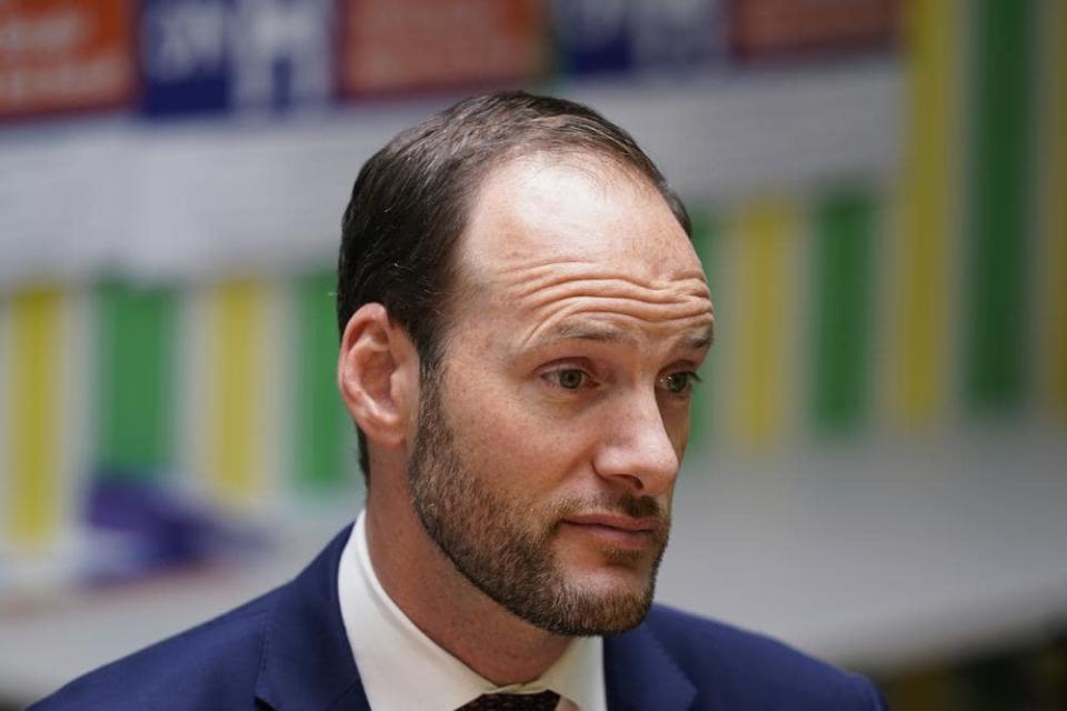 San Francisco District Attorney Chesa Boudin listens to a reporter’s question during an interview at his campaign headquarters in San Francisco on May 26, 2022. (AP Photo/Eric Risberg)