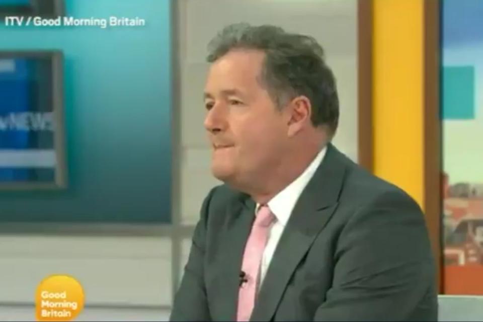 Piers Morgan moments before he stormed off the Good Morning Britain set in a tantrum after co-star Alex Beresford over his unrelenting attacks on Meghan Markle (ITV)