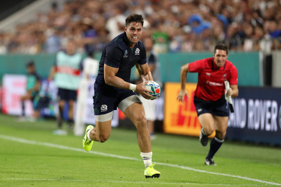 KOBE, JAPAN - SEPTEMBER 30: Sean Maitland of Scotland runs with the ball during the Rugby World Cup 2019 Group A game between Scotland and Samoa at Kobe Misaki Stadium on September 30, 2019 in Kobe, Hyogo, Japan. (Photo by Mike Hewitt/Getty Images)