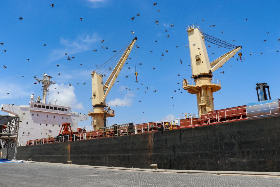 The Greek-flagged bulk cargo vessel Sea Champion is docked in the port of Aden in Yemen last month, where it arrived after being attacked in the Red Sea.