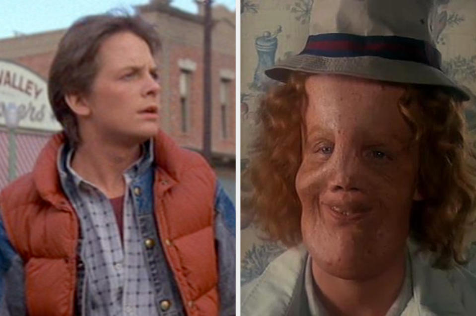 Side-by-side of Michael J. Fox as Marty McFly, and Eric Stoltz as Rocky in "Mask"