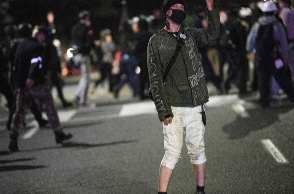 <div class="inline-image__caption"><p>Anti-fascist activist Michael Reinoehl, who was shot dead by police in Washington State on Sept. 3, 2020. Above, Reinoehl protests against police violence and racial inequality, in Portland, Oregon, on July 18, 2020. </p></div> <div class="inline-image__credit">Mathieu Lewis-Rolland via Reuters</div>