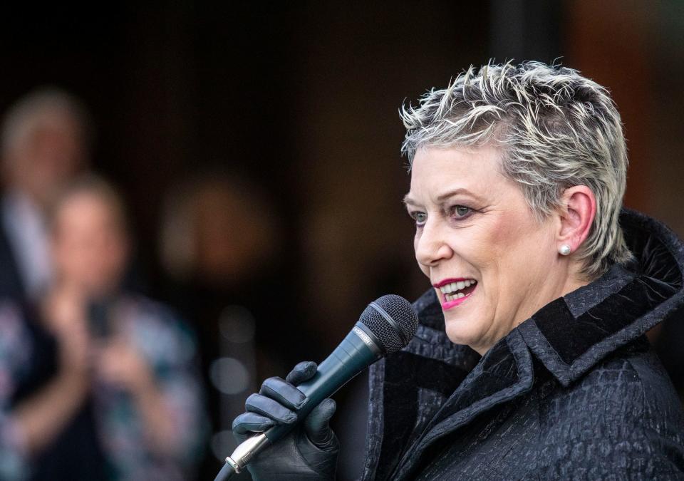 Patricia Ward Kelly shares stories about her late husband, Gene Kelly, during a part held in his honor at Frank Sinatra's Twin Palms estate in Palm Springs, Calif., Saturday, Feb. 26, 2022.