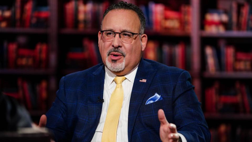 PHOTO: Miguel Cardona, US education secretary, during a Bloomberg Television interview in New York, Jan. 5, 2024.  (Bloomberg via Getty Images)