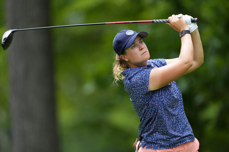 Lauren Coughlin tees off on the third hole during the third round of the Women's PGA Championship golf tournament, Saturday, June 24, 2023, in Springfield, N.J. (AP Photo/Matt Rourke)