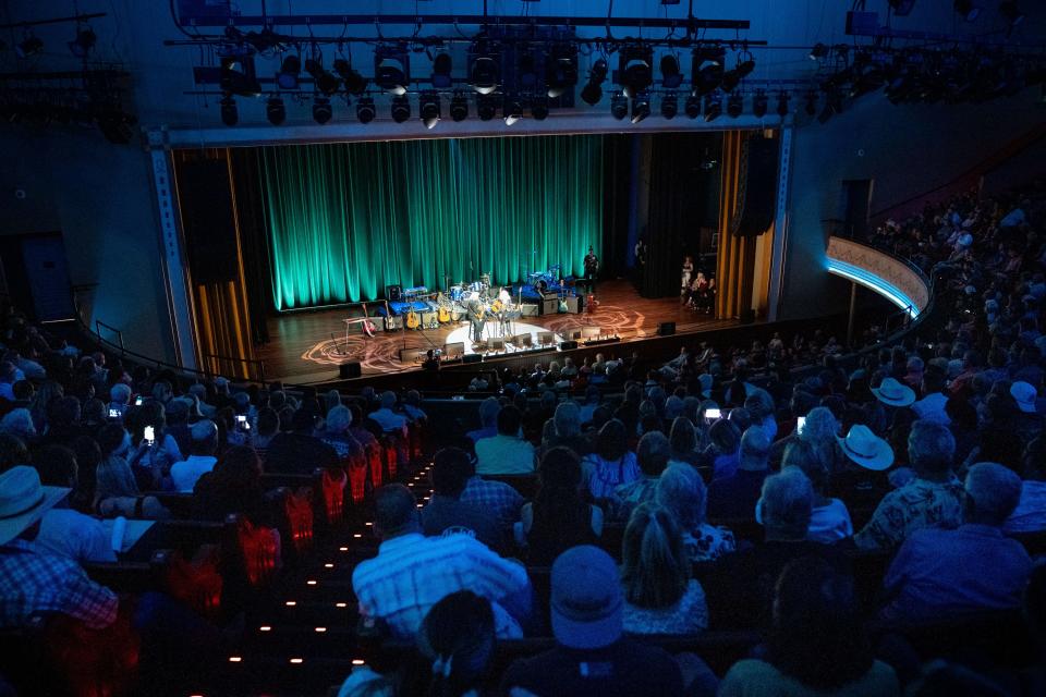 Marty Stuart and Emmylou Harris perform during Marty Stuart’s 19th Late Night Jam at Ryman Auditorium in Nashville, Tenn., Wednesday, June 8, 2022.