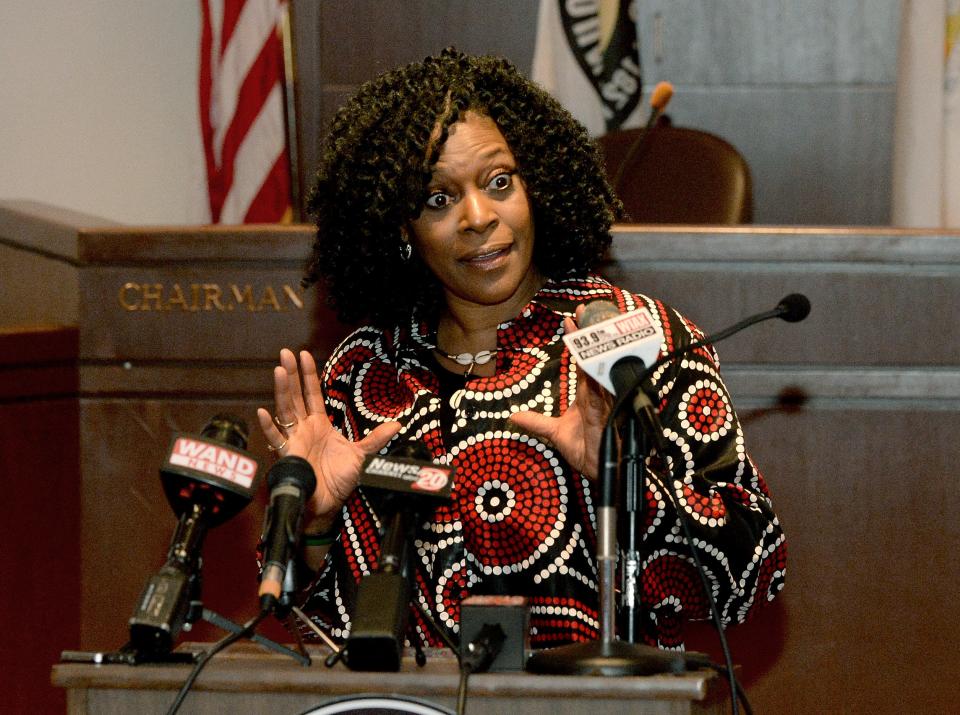 NAACP President Springfield branch Teresa Haley Speaks during a press conference at the Sangamon County Building Tuesday Jan. 10, 2023.