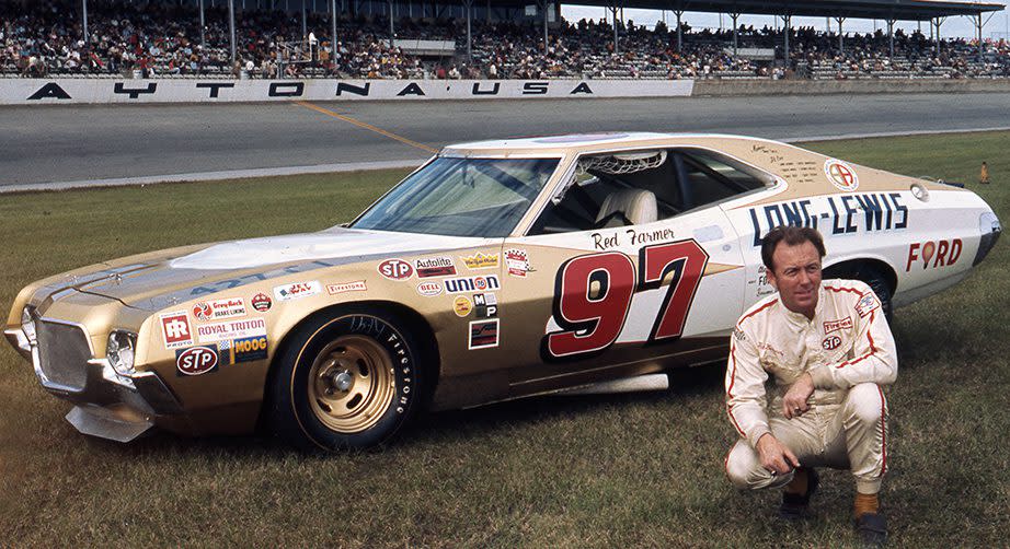 DAYTONA BEACH, FL - FEBRUARY 1972: Charles ÒRedÓ Farmer poses with his Ford Torino at Daytona International Speedway. Farmer finished 30th in the Daytona 500. (Photo by ISC Archives/CQ-Roll Call Group via Getty Images)