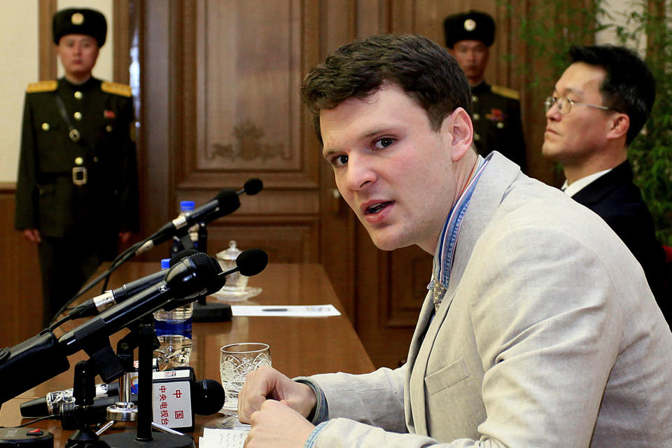 <p>U.S. student Otto Warmbier speaks as he is presented to reporters in Pyongyang, North Korea, Feb. 29, 2016. Warmbier, an American college student who was released by North Korea in a coma last week after almost a year and a half in captivity, died Monday, June 19, his family said. (Photo: Kim Kwang Hyon/AP) </p>