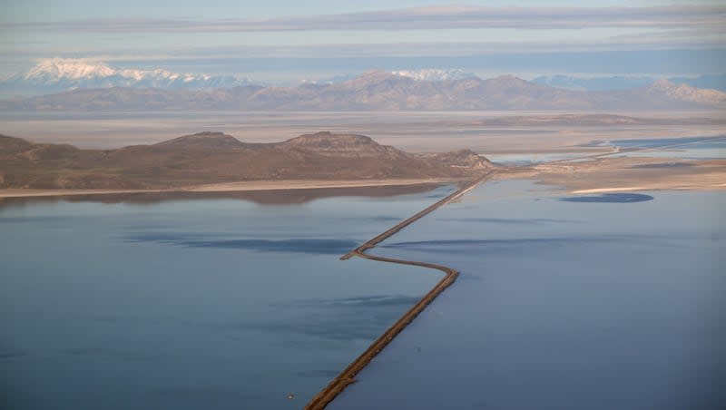 The Lucin Cutoff is seen in a flight over the Great Salt Lake on April 9. The Great Salt Lake's water levels are already above last year's peak and the lake could gain another foot over the next several weeks.