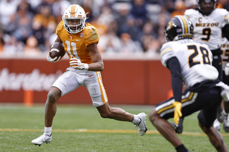 Tennessee wide receiver Jalin Hyatt (11) runs for yardage during the second half of an NCAA college football game against Missouri Saturday, Nov. 12, 2022, in Knoxville, Tenn. (AP Photo/Wade Payne)