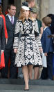 <p>Princess Beatrice is giving the Duchess of Cambridge a run for her money when it comes to chic coat dresses. For a church service for the Queen’s 90th birthday, she wore this patterned Burberry number. <i>(Photo by James Whatling)</i></p>